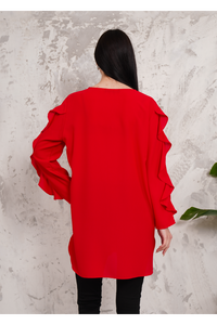 Oversized Long Ruffle Sleeve Relaxed Fit Tunic in Red