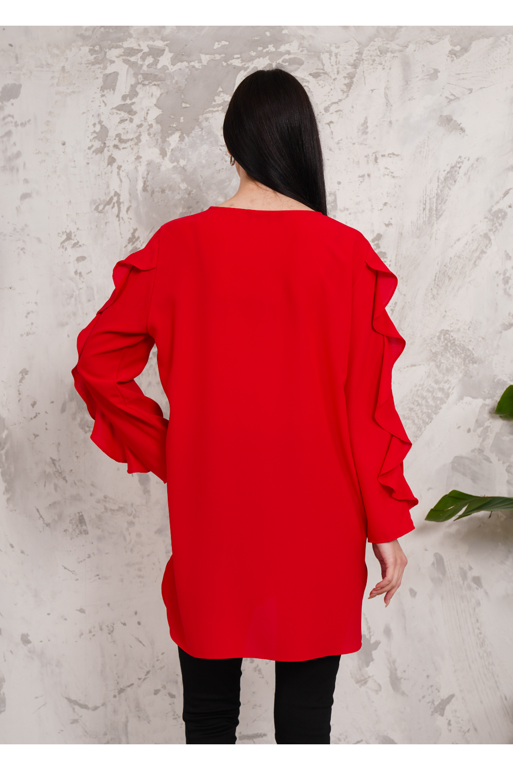 Oversized Long Ruffle Sleeve Relaxed Fit Tunic in Red