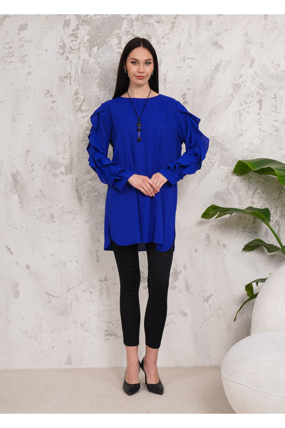 Oversized Long Ruffle Sleeve Relaxed Fit Tunic in Royal Blue