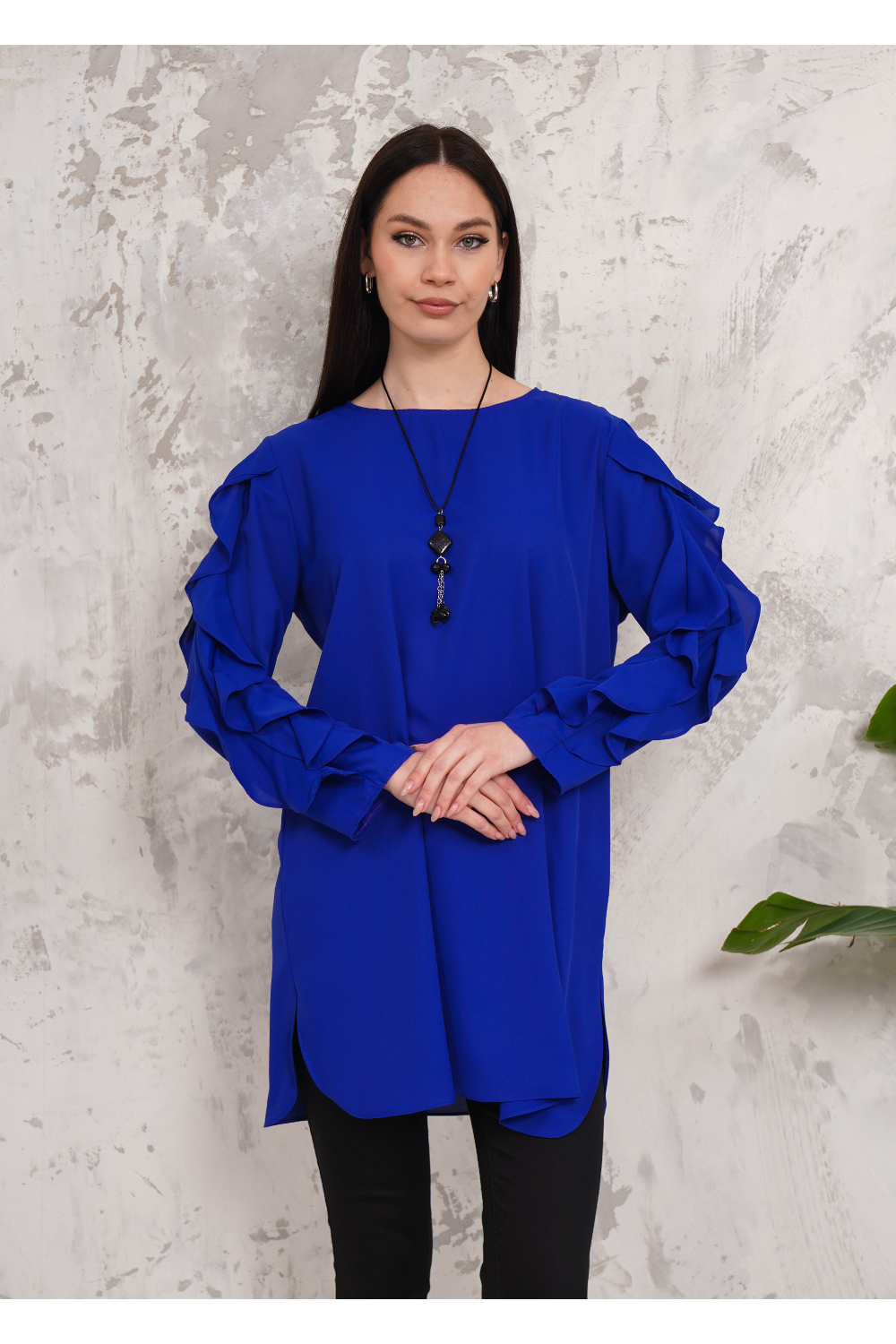 Oversized Long Ruffle Sleeve Relaxed Fit Tunic in Royal Blue