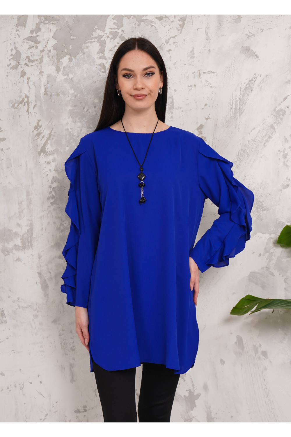 Oversized Long Ruffle Sleeve Relaxed Fit Tunic in Royal Blue