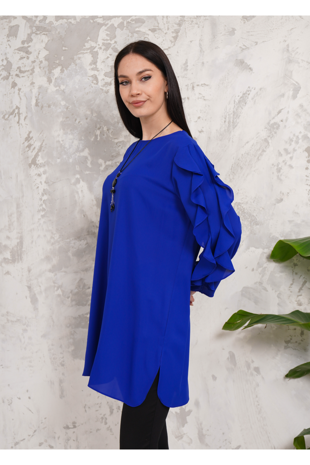 Oversized Long Ruffle Sleeve Relaxed Fit Tunic in Royal Blue