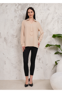 Relaxed Fit Long Sleeve Blouse with Tie Detail in Beige