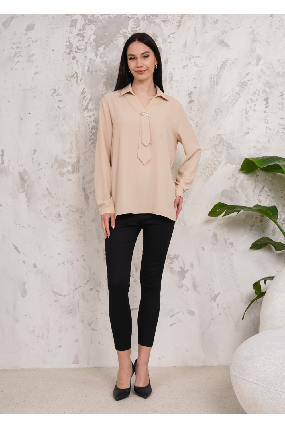 Relaxed Fit Long Sleeve Blouse with Tie Detail in Beige