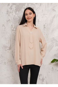 Relaxed Fit Long Sleeve Blouse with Tie Detail in Beige