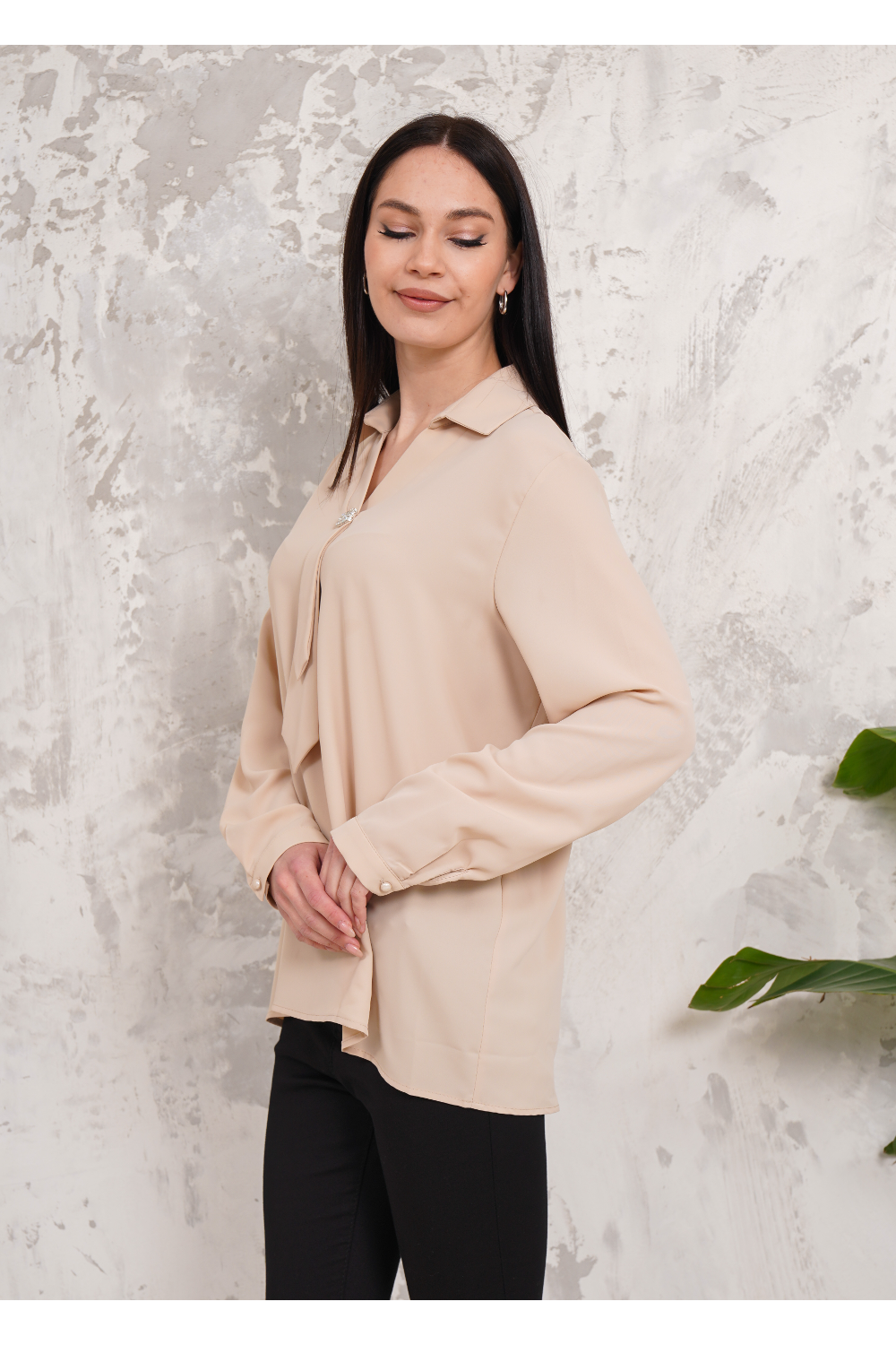 Relaxed Fit Long Sleeve Blouse with Tie Detail in Beige