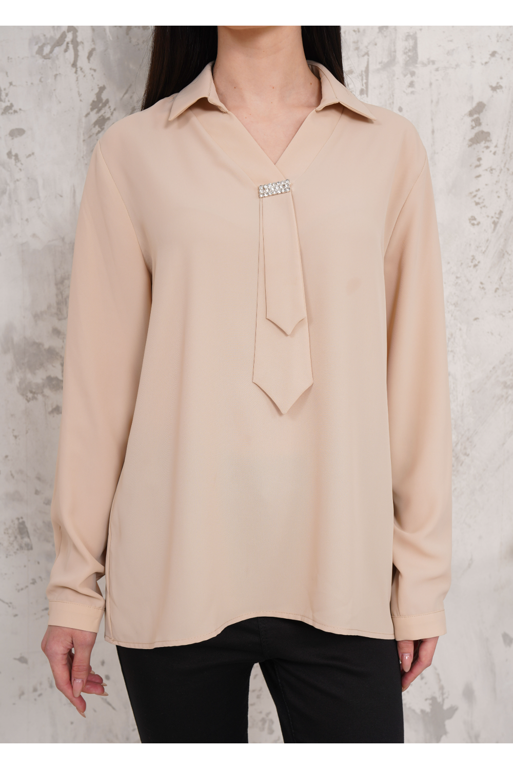 Relaxed Fit Long Sleeve Blouse with Tie Detail in Beige