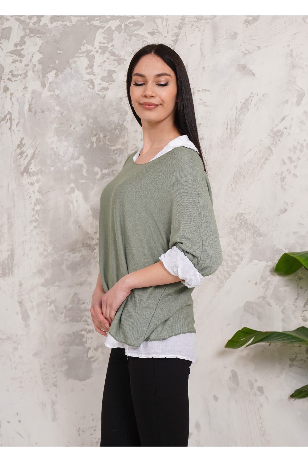 Oversized Double Layer Top and Shirt with 3/4 Sleeve in Khaki