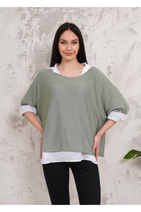 Oversized Double Layer Top and Shirt with 3/4 Sleeve in Khaki