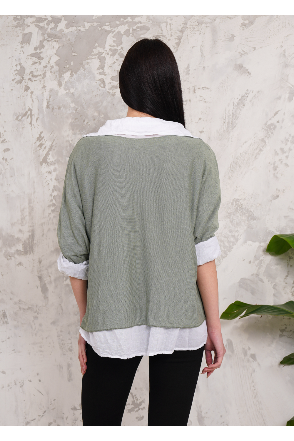 Oversized Double Layer Top and Shirt with 3/4 Sleeve in Khaki