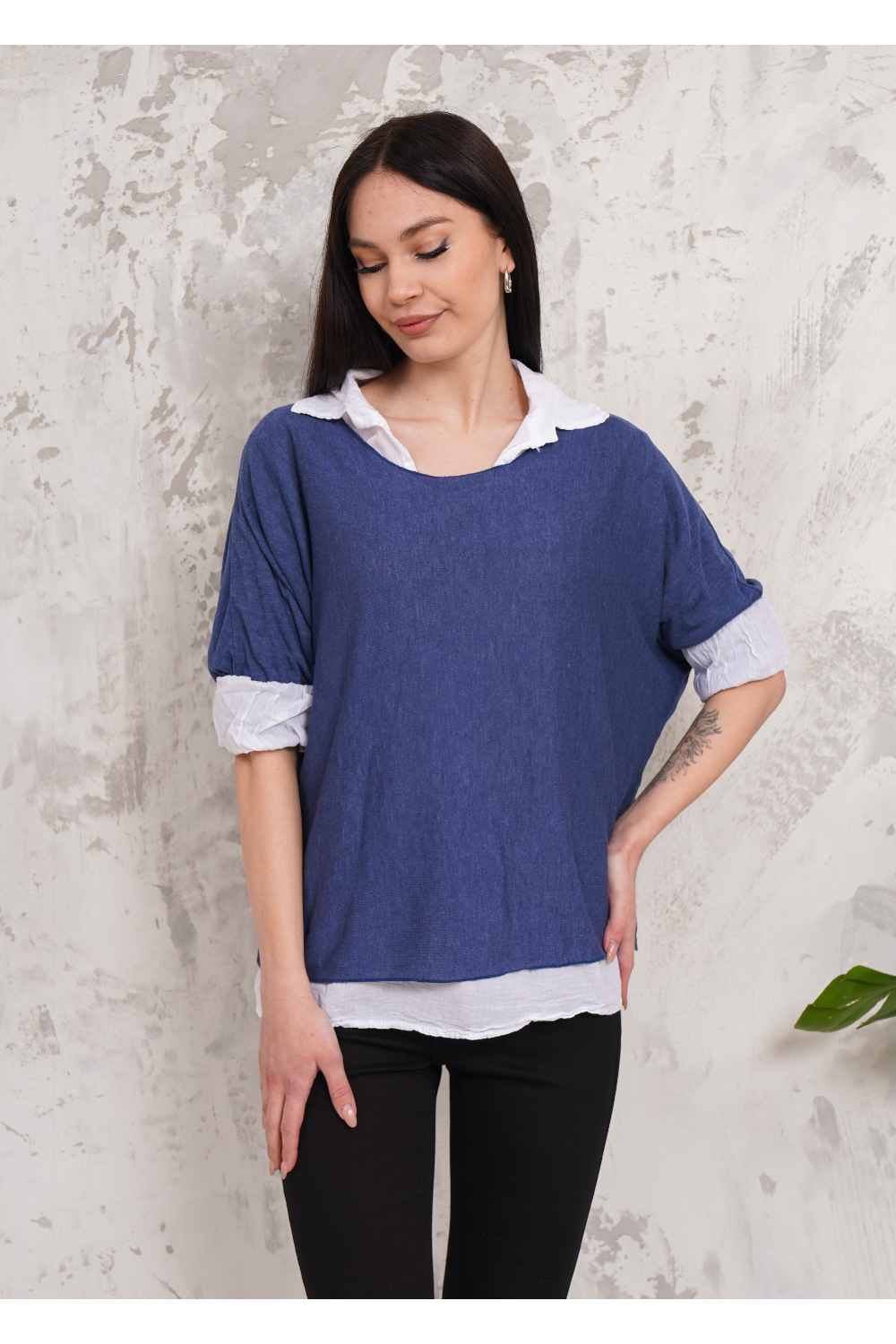 Oversized Double Layer Top and Shirt with 3/4 Sleeve in Blue