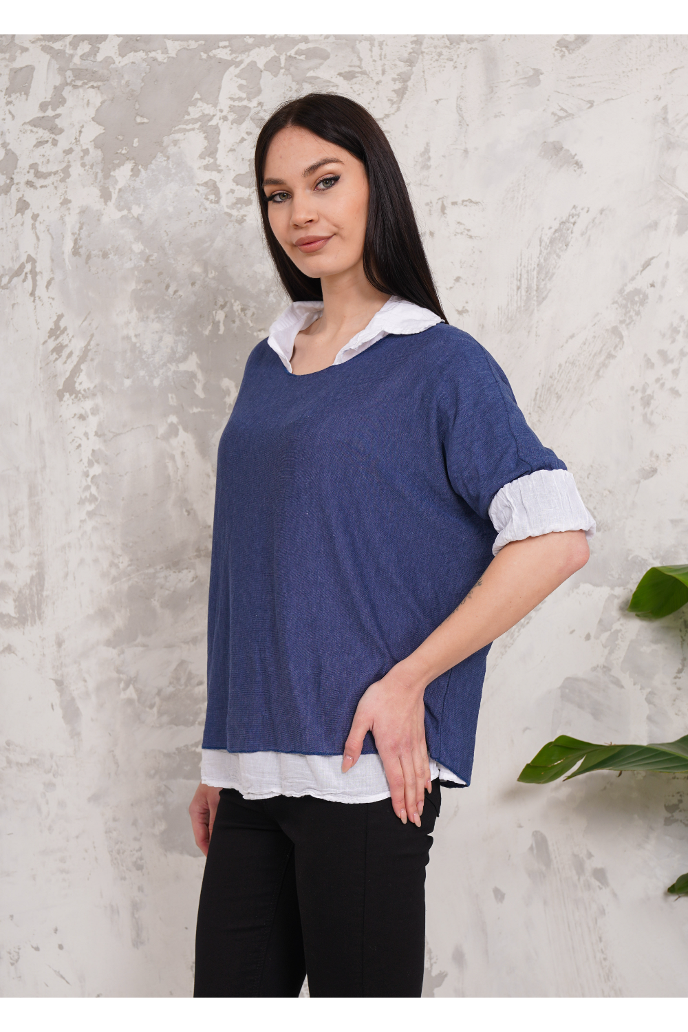 Oversized Double Layer Top and Shirt with 3/4 Sleeve in Blue
