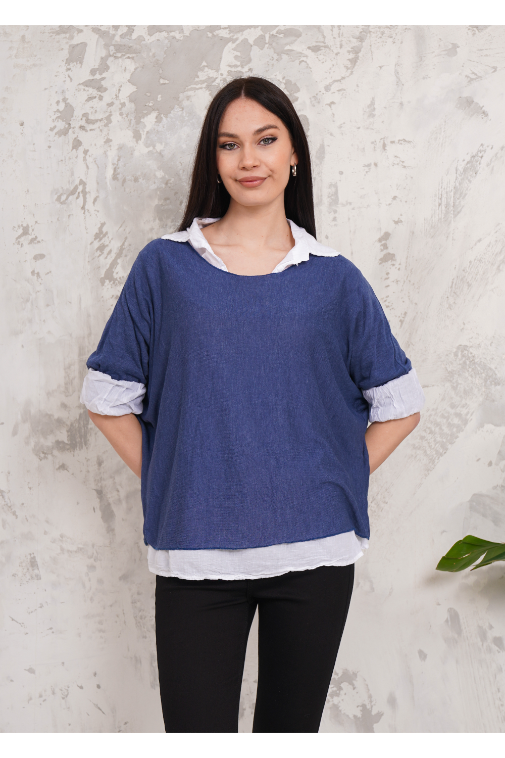 Oversized Double Layer Top and Shirt with 3/4 Sleeve in Blue