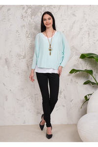 Oversized Long Sleeves Double Layered Top with Necklace in Mint