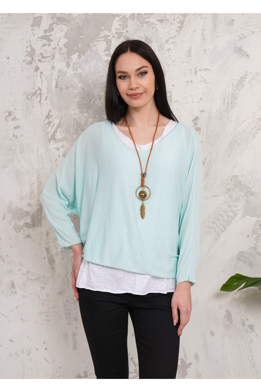 Oversized Long Sleeves Double Layered Top with Necklace in Mint