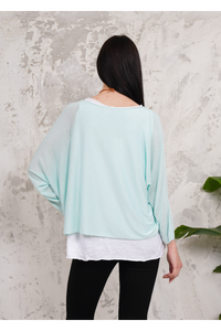 Oversized Long Sleeves Double Layered Top with Necklace in Mint