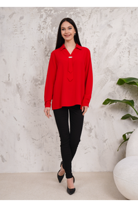 Relaxed Fit Long Sleeve Blouse with Tie Detail in Red