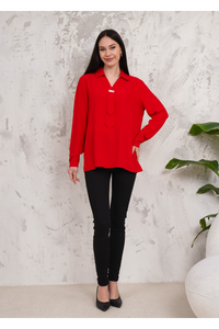 Relaxed Fit Long Sleeve Blouse with Tie Detail in Red