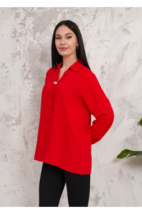 Relaxed Fit Long Sleeve Blouse with Tie Detail in Red