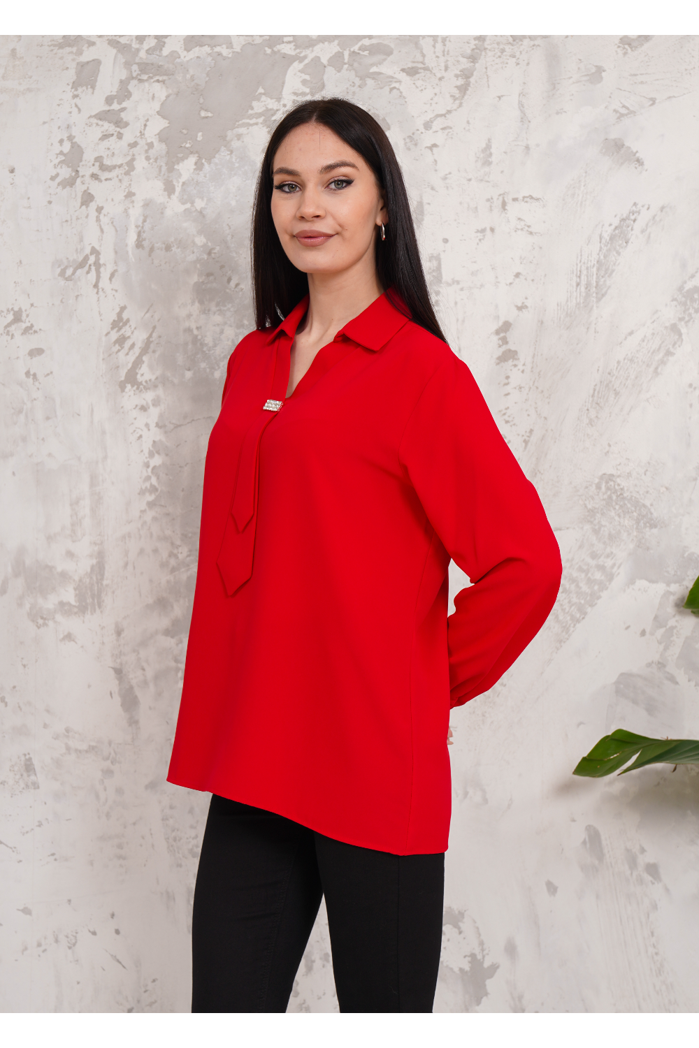 Relaxed Fit Long Sleeve Blouse with Tie Detail in Red