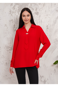 Relaxed Fit Long Sleeve Blouse with Tie Detail in Red