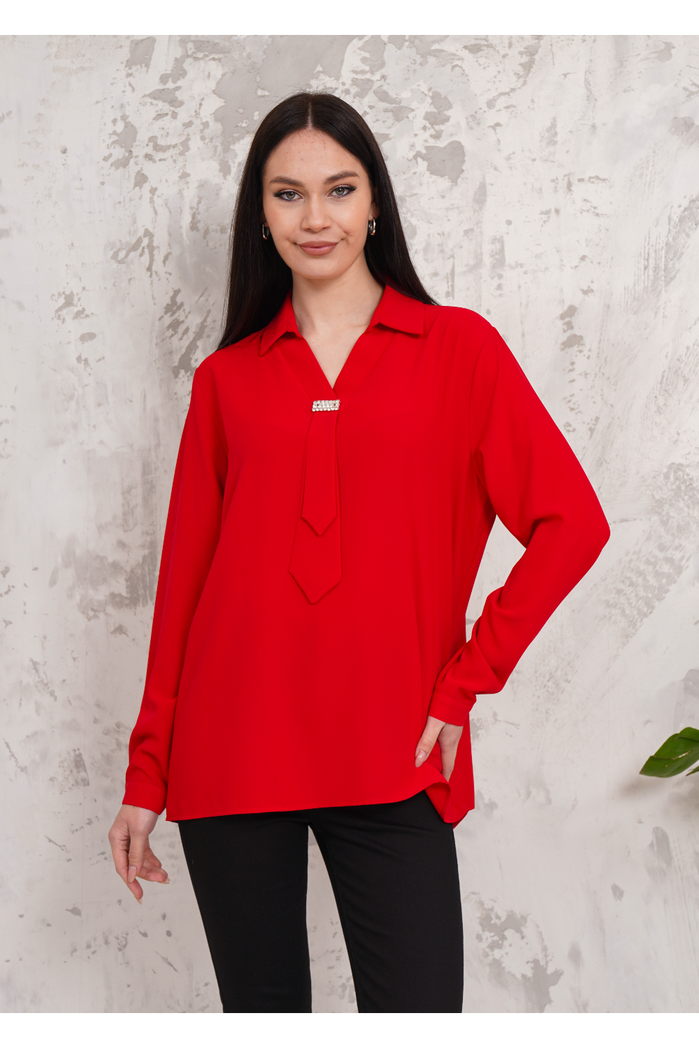 Relaxed Fit Long Sleeve Blouse with Tie Detail in Red