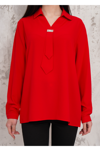 Relaxed Fit Long Sleeve Blouse with Tie Detail in Red