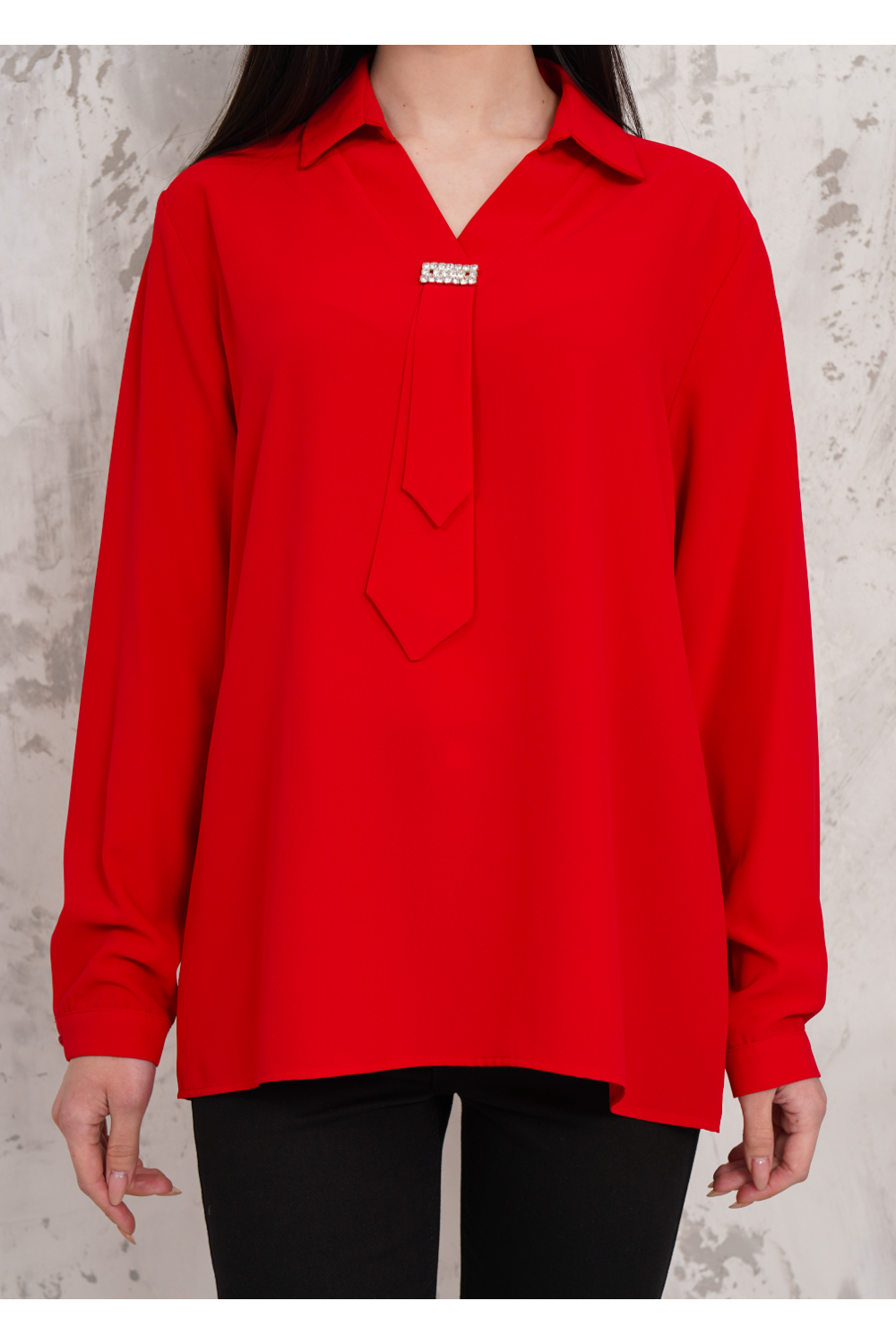 Relaxed Fit Long Sleeve Blouse with Tie Detail in Red