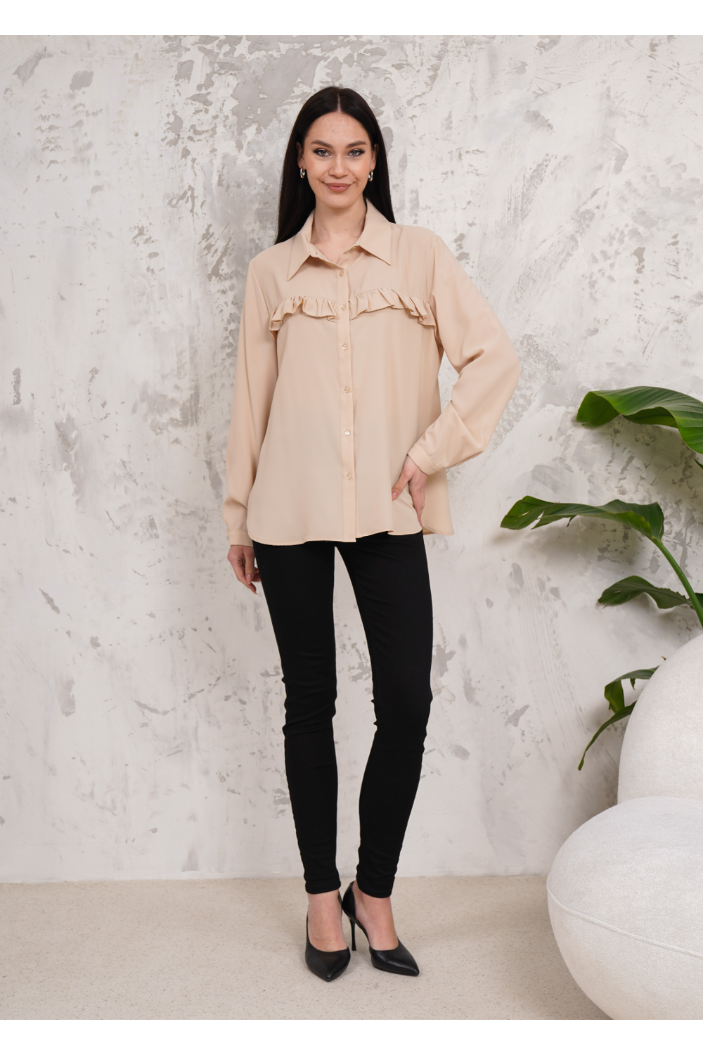 Oversized Frill Detailed Long Sleeves Blouse Shirt in Beige