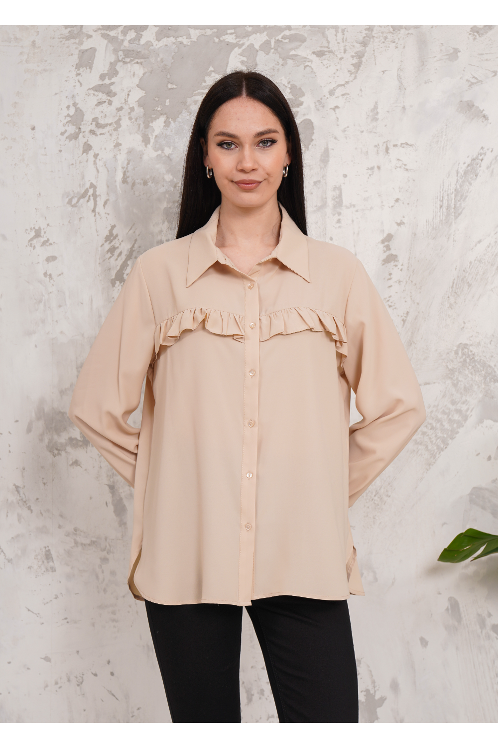 Oversized Frill Detailed Long Sleeves Blouse Shirt in Beige