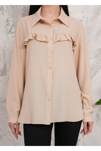 Oversized Frill Detailed Long Sleeves Blouse Shirt in Beige