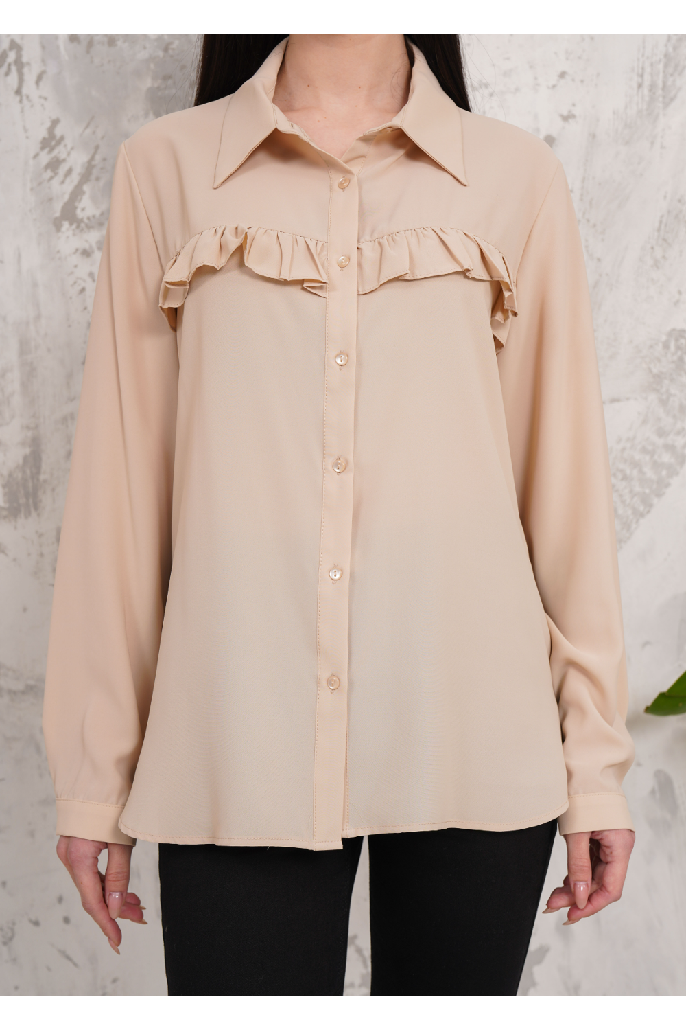 Oversized Frill Detailed Long Sleeves Blouse Shirt in Beige
