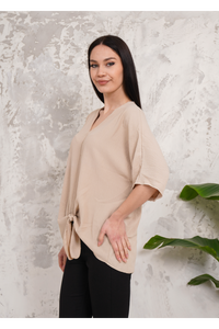 Oversized V Neck Tie Front Detailed Blouse with 3/4 Sleeves in Beige