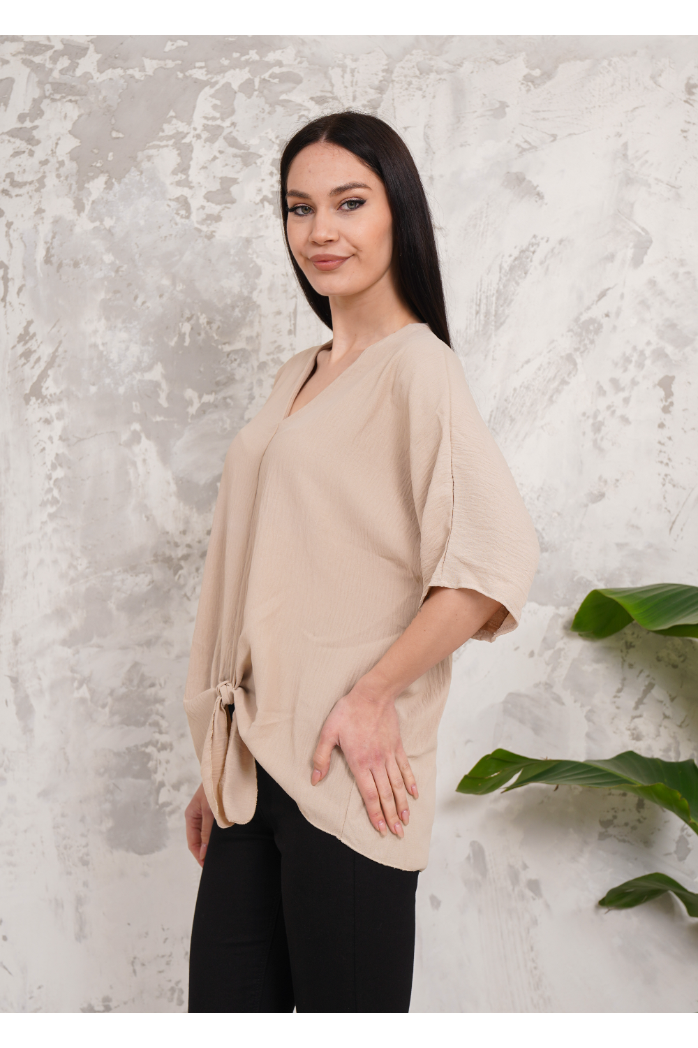 Oversized V Neck Tie Front Detailed Blouse with 3/4 Sleeves in Beige