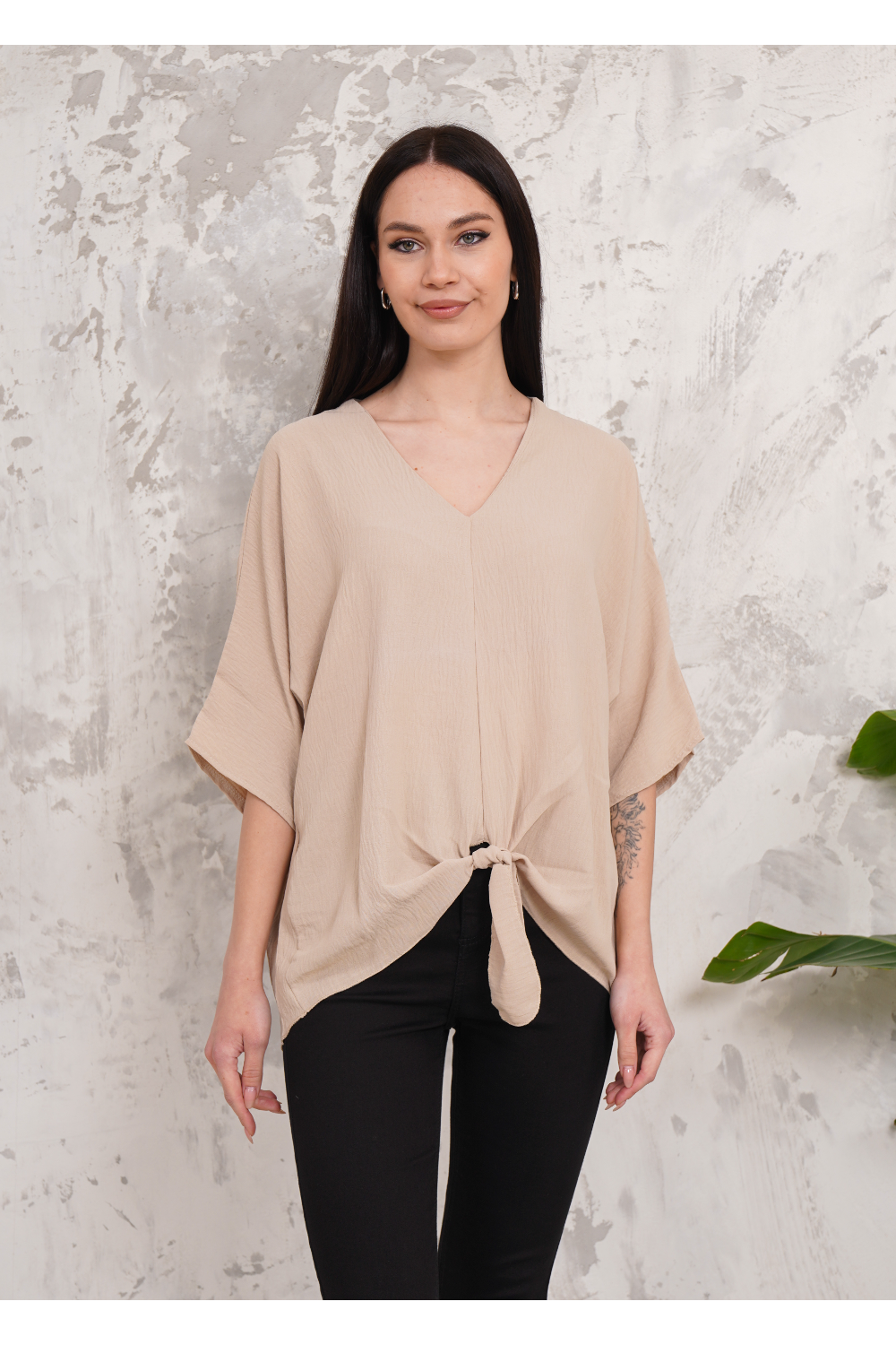 Oversized V Neck Tie Front Detailed Blouse with 3/4 Sleeves in Beige