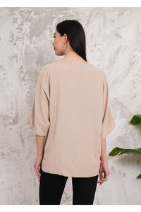 Oversized V Neck Tie Front Detailed Blouse with 3/4 Sleeves in Beige