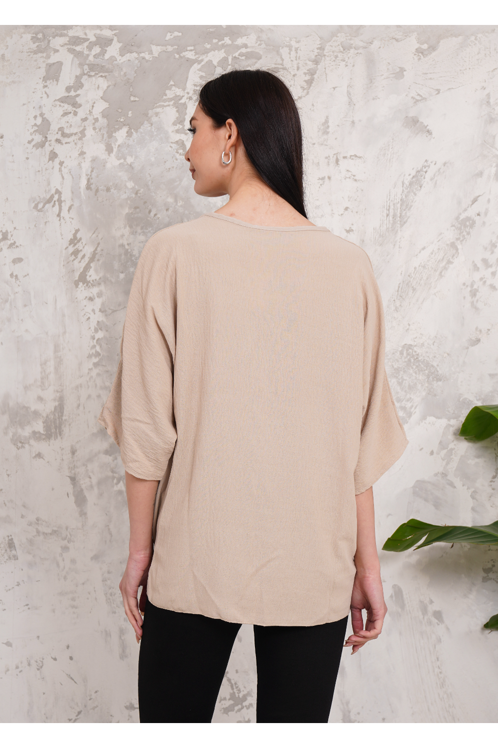 Oversized V Neck Tie Front Detailed Blouse with 3/4 Sleeves in Beige