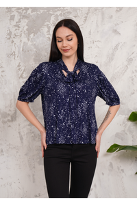 Short Sleeves Tie Neck Top with Moon and Star Printed in Navy