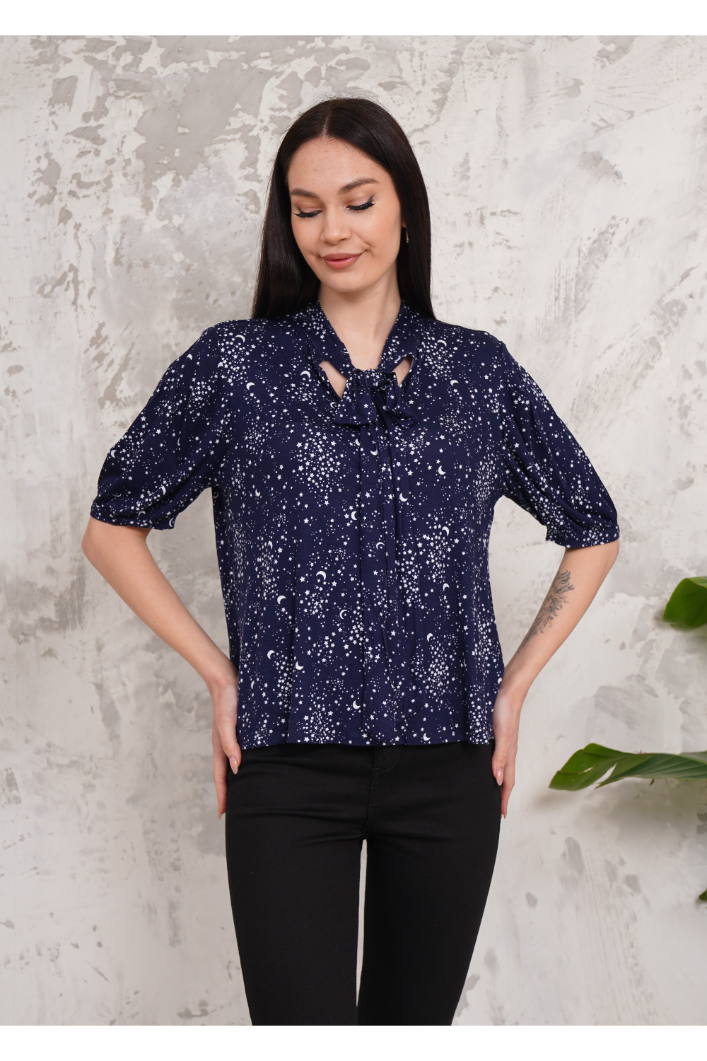 Short Sleeves Tie Neck Top with Moon and Star Printed in Navy