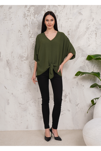 Oversized V Neck Tie Front Detailed Blouse with 3/4 Sleeves in Khaki