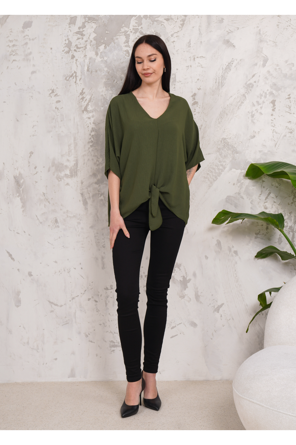 Oversized V Neck Tie Front Detailed Blouse with 3/4 Sleeves in Khaki