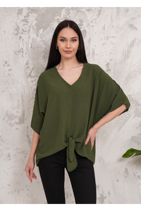 Oversized V Neck Tie Front Detailed Blouse with 3/4 Sleeves in Khaki