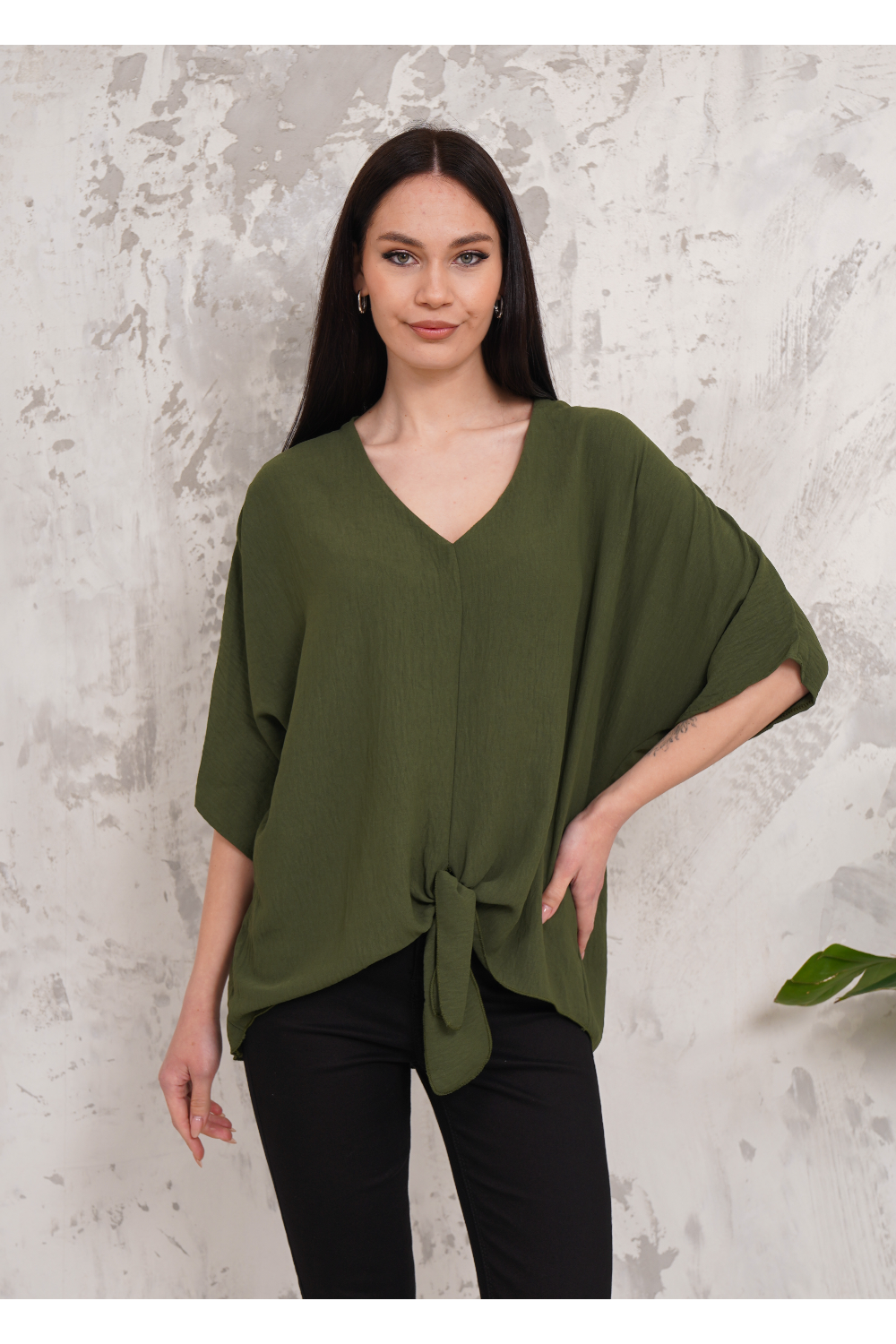 Oversized V Neck Tie Front Detailed Blouse with 3/4 Sleeves in Khaki