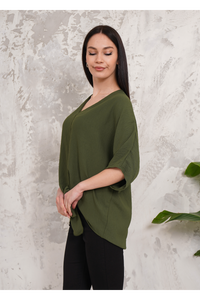 Oversized V Neck Tie Front Detailed Blouse with 3/4 Sleeves in Khaki