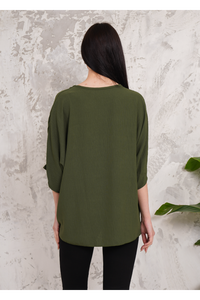 Oversized V Neck Tie Front Detailed Blouse with 3/4 Sleeves in Khaki