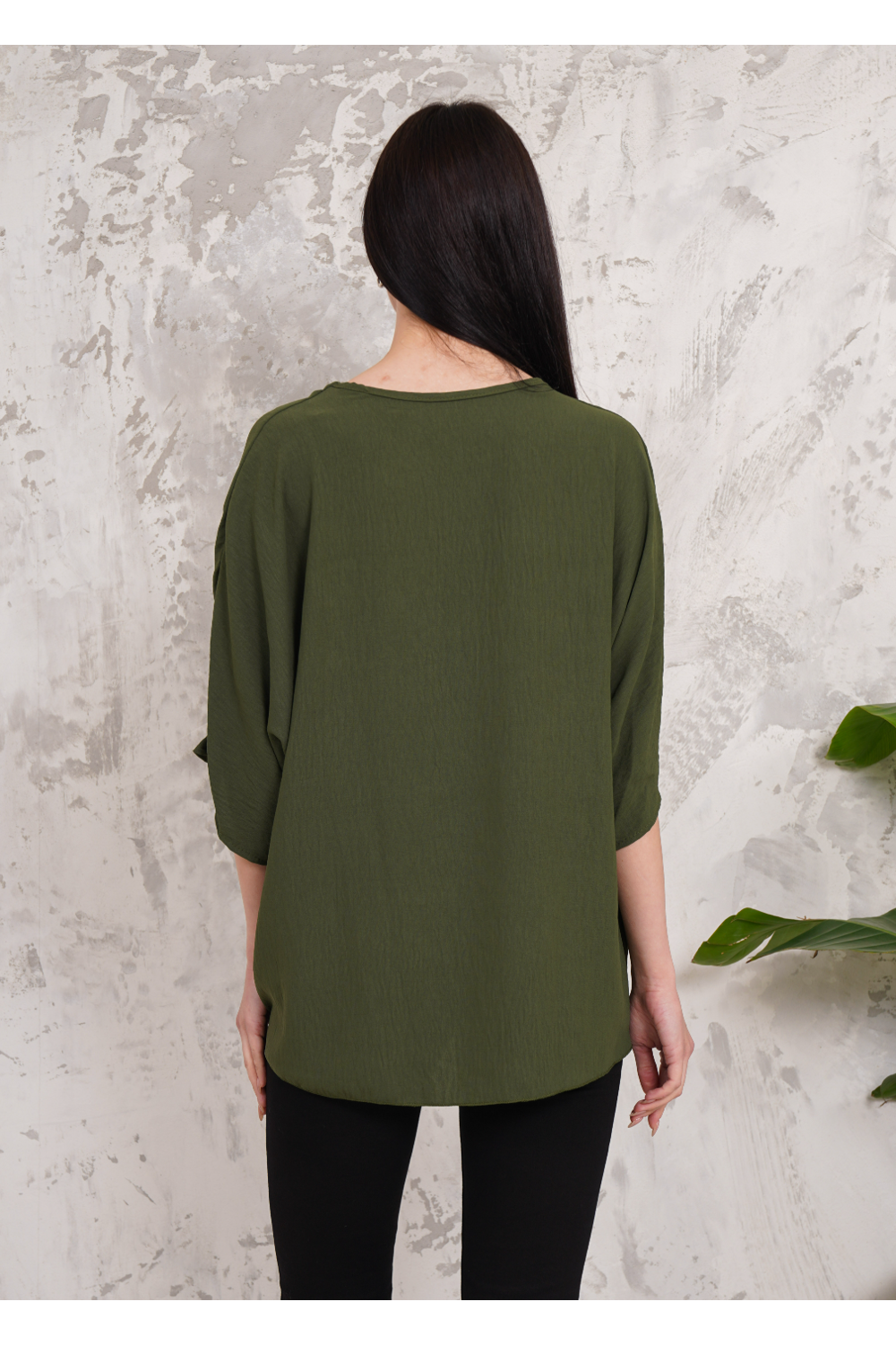 Oversized V Neck Tie Front Detailed Blouse with 3/4 Sleeves in Khaki