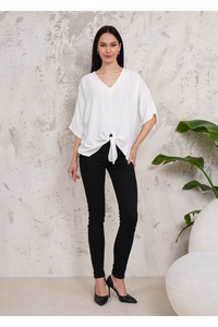 Oversized V Neck Tie Front Detailed Blouse with 3/4 Sleeves in White