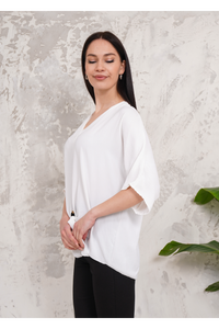 Oversized V Neck Tie Front Detailed Blouse with 3/4 Sleeves in White