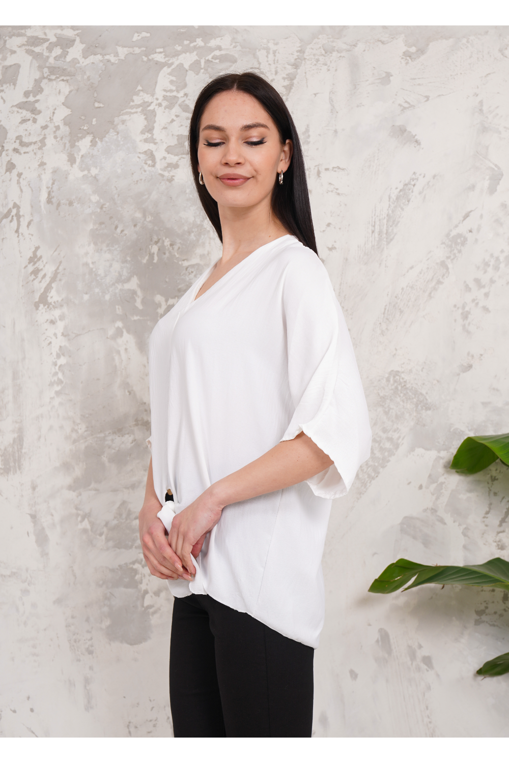 Oversized V Neck Tie Front Detailed Blouse with 3/4 Sleeves in White
