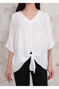 Oversized V Neck Tie Front Detailed Blouse with 3/4 Sleeves in White